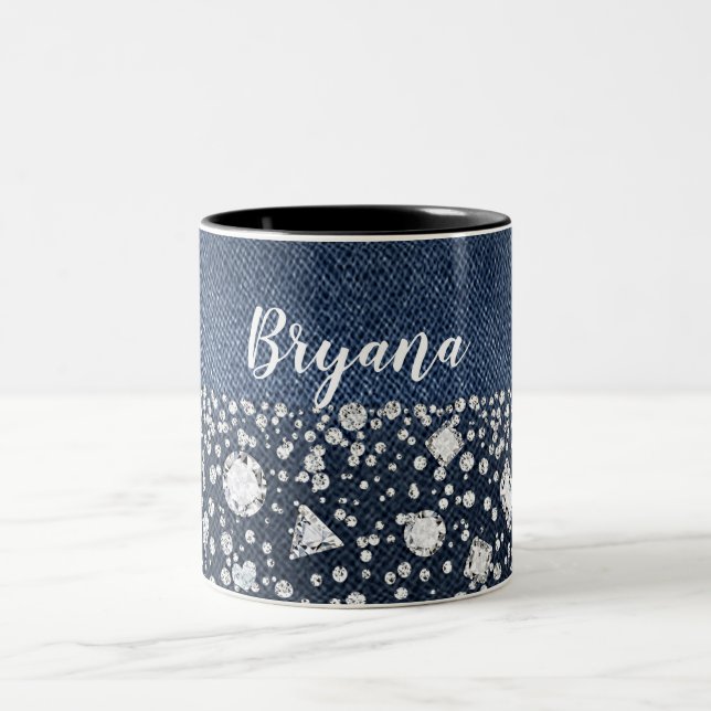 Tasse 2 Couleurs Blue Jean Denim & Diamonds Bling Diamond Heart (Centre)