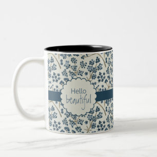 Tasse 2 Couleurs Bonjour Belle Aquarelle Bleue Fleurs de Caraway