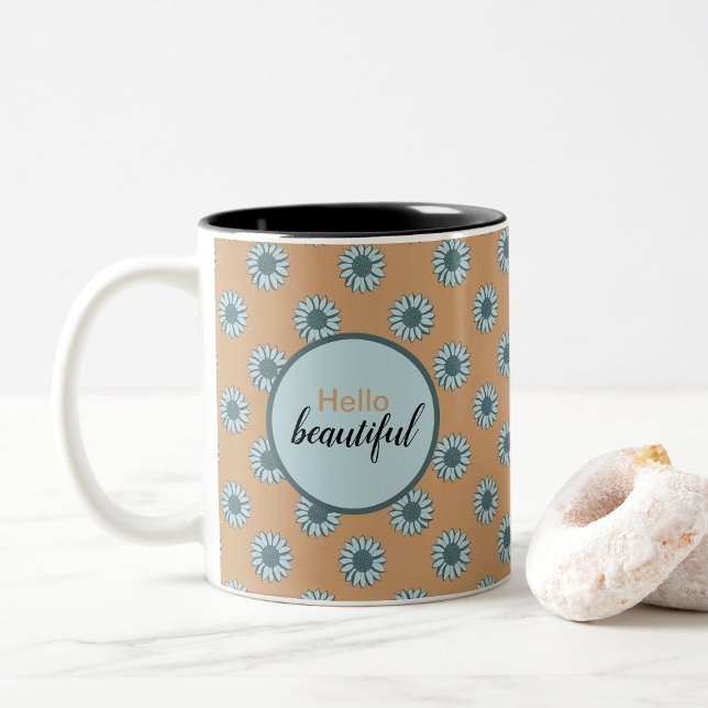 Tasse 2 Couleurs Bonjour Belles Tournesols Bleus (Hello Beautiful Blue Sunflowers Two-Tone Coffee Mug from Studio Posies. )