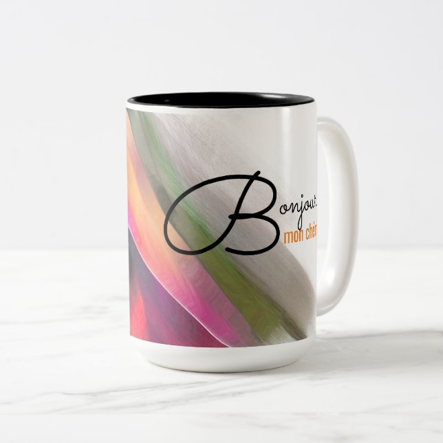 Tasse 2 Couleurs Bonjour Mon Chéri. Peinture Abstraite (Devant droit)