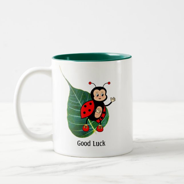 Tasse 2 Couleurs Bonne chance Ladybug sur la feuille (Gauche)
