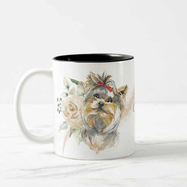 Tasse 2 Couleurs Bouquet de rose blanche Yorkshire Terrier (Gauche)