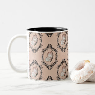 Tasse 2 Couleurs Bouton rose doux élégant papillon Damask modèle