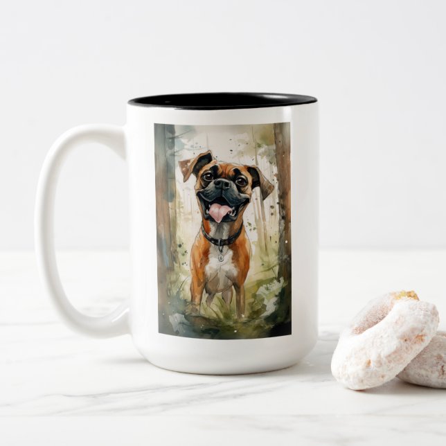 Tasse 2 Couleurs Boxer Terrier Aquarelle Whimsical (Avec donut)