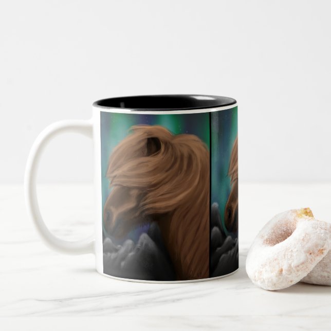 Tasse 2 Couleurs Breeze du Nord : Cheval islandais en rafale de min (Avec donut)