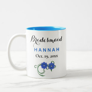 Tasse 2 Couleurs Bridesmaid Typographie moderne Fleurs bleues Maria