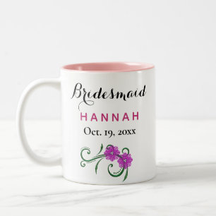 Tasse 2 Couleurs Bridesmaid Typographie moderne Fleurs roses Mariag