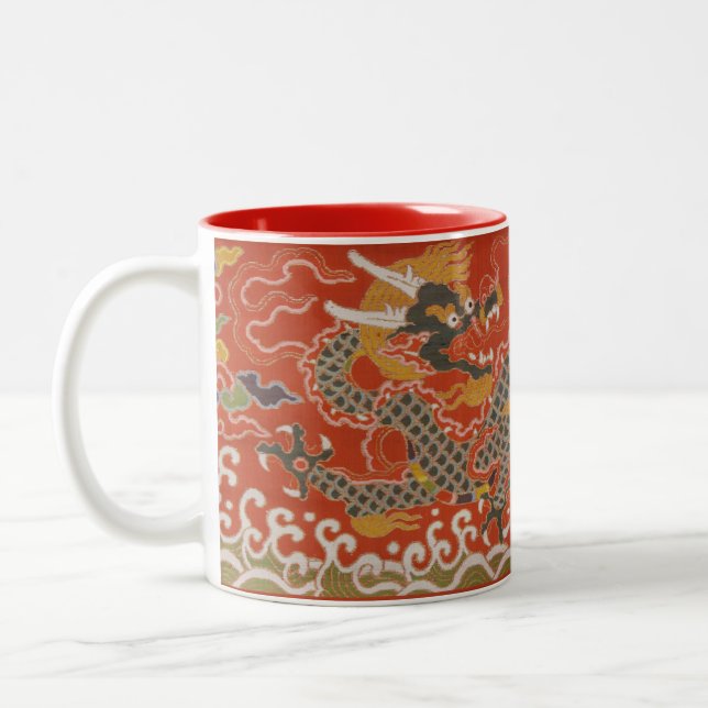 Tasse 2 Couleurs Brocade satinée rouge avec dragon chinois nuageux (Gauche)