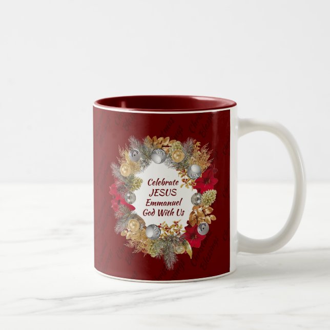 Tasse 2 Couleurs Burgundy CÉLÉBRER JÉSUS Wreath de Noël (Droit)