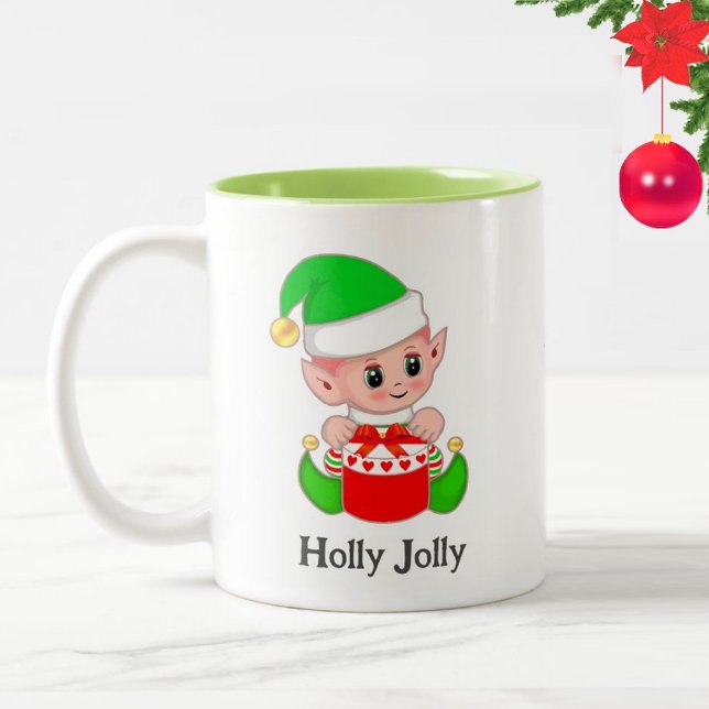 Tasse 2 Couleurs Cadeau de Noël Elf Vert mignon (Créateur téléchargé)