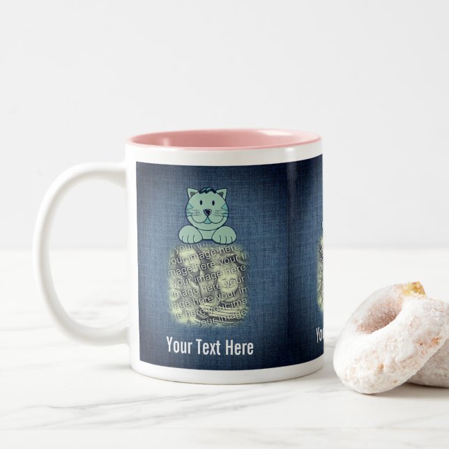 Tasse 2 Couleurs Cadre Cute Blue Chat Personnalisé Votre Photo (Avec donut)