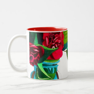 Tasse 2 Couleurs Camellias rouge avec fleur d'aquarelle de feuillag