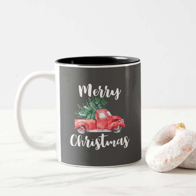 Tasse 2 Couleurs Camion rouge et arbre | Gray Joyeux Noël (Avec donut)