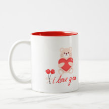 caneca designer romântico urso  com coração e flor