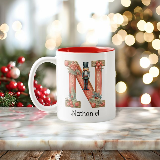 Tasse 2 Couleurs Casse-noisette personnalisé Monogramme N Noël  (Personalized Nutcracker Monogram N Christmas Two-Tone Coffee Mug)