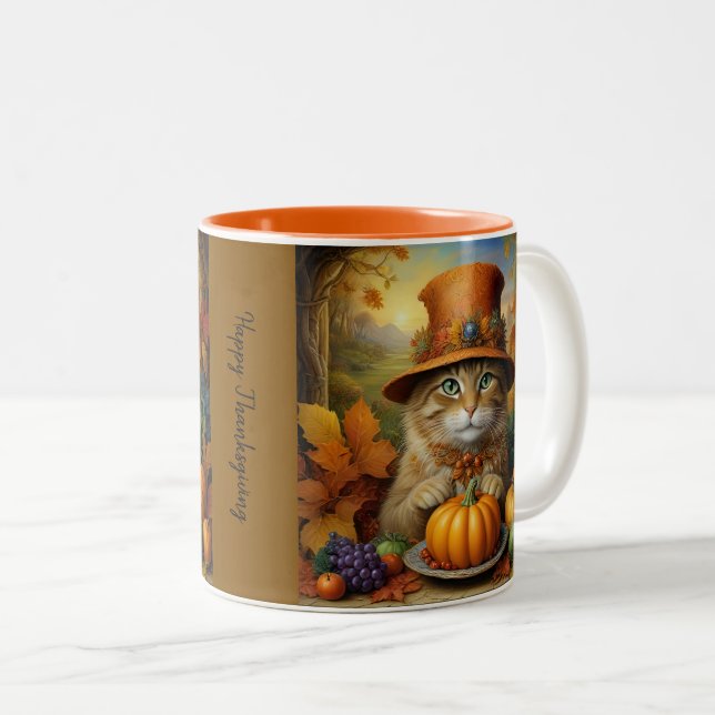 Tasse 2 Couleurs Charmant Thanksgiving Chat en déguisement (Devant droit)