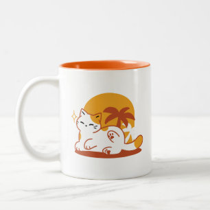Tasse 2 Couleurs Chat adorable se relaxer au soleil - Animal de com