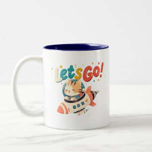 Tasse 2 Couleurs Chat astronaute mignon chevauchant une fusée dans 