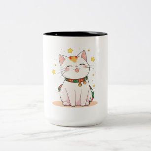 Tasse 2 Couleurs Chat Chanceux avec Étoiles Design Kawaii