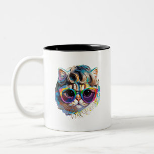 Tasse 2 Couleurs Chat dans une perruque + Lunettes de soleil (Peint