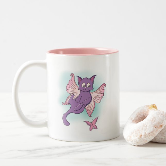 Tasse 2 Couleurs Chat de fée rose et pourpre volant (Avec donut)