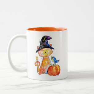 Tasse 2 Couleurs Chat en sorcière blanc mignon avec Citrouille