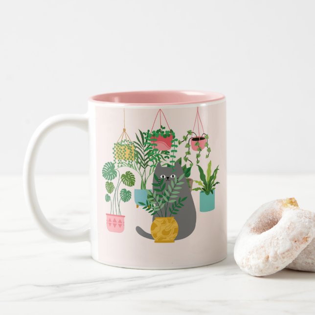 Tasse 2 Couleurs Chat entre Plantes drôle (Avec donut)
