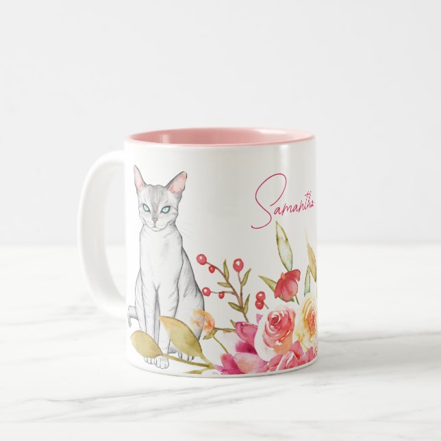 Tasse 2 Couleurs Chat et fleurs Personnalisé rose et blanc (Devant gauche)