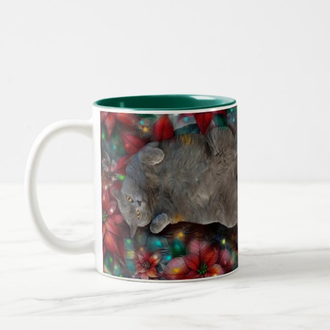 Tasse 2 Couleurs Chat Kitty britannique Shorthair à Poinsettias (Gauche)