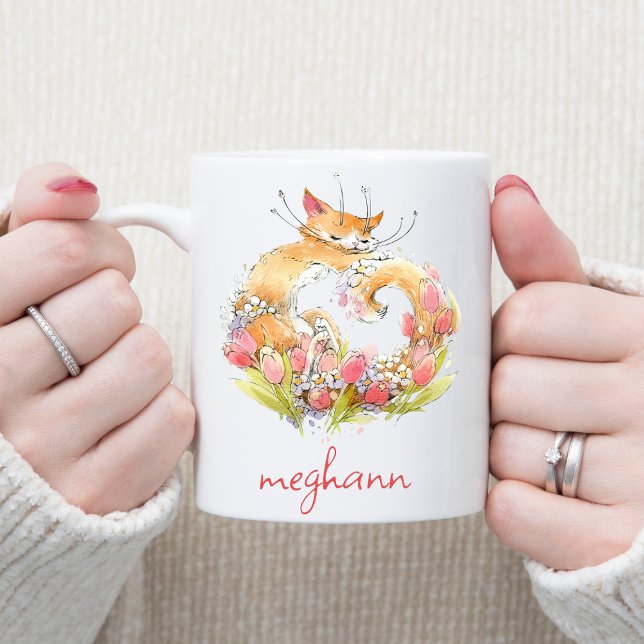 Tasse 2 Couleurs Chat Kitty chéri avec tulipes roses Personnalisé (Créateur téléchargé)