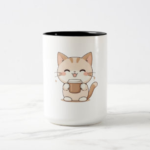 Tasse 2 Couleurs Chat Mignon Buvant du Café Design Kawaii