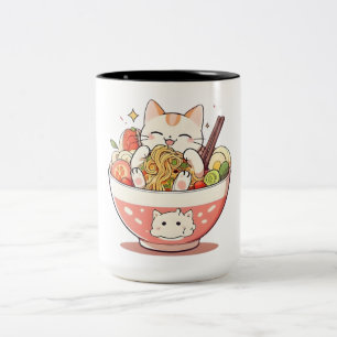 Tasse 2 Couleurs Chat Mignon Mangeant un Bol de Ramen Design Kawaii