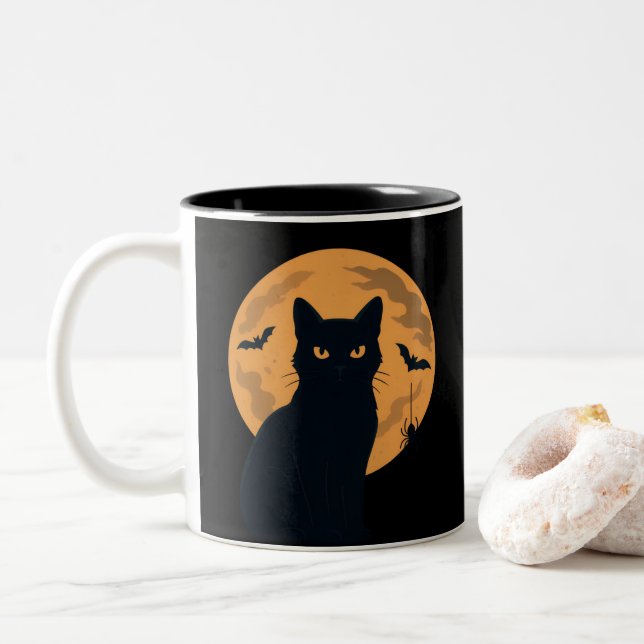 Tasse 2 Couleurs Chat noir éffrayant Silhouette Halloween Chat goth (Avec donut)