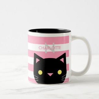 Tasse 2 Couleurs Chat noir mignon Nom personnalisé et initial