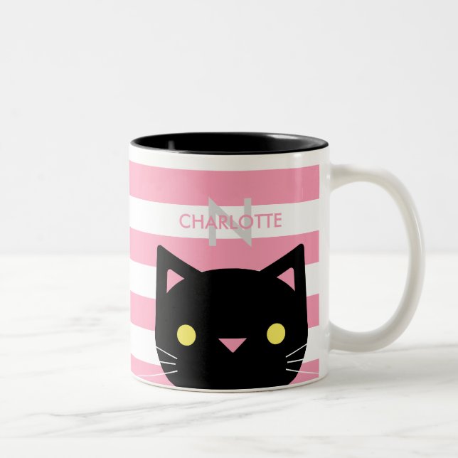 Tasse 2 Couleurs Chat noir mignon Nom personnalisé et initial (Droit)