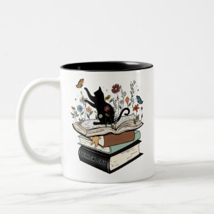 Tasse 2 Couleurs Chat noir sur le livre Chat drôle