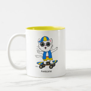 Tasse 2 Couleurs Chat patineur heureux habillé en bleu et jaune