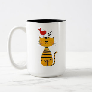 Tasse 2 Couleurs Chat rayé mignon et oiseau rouge Art