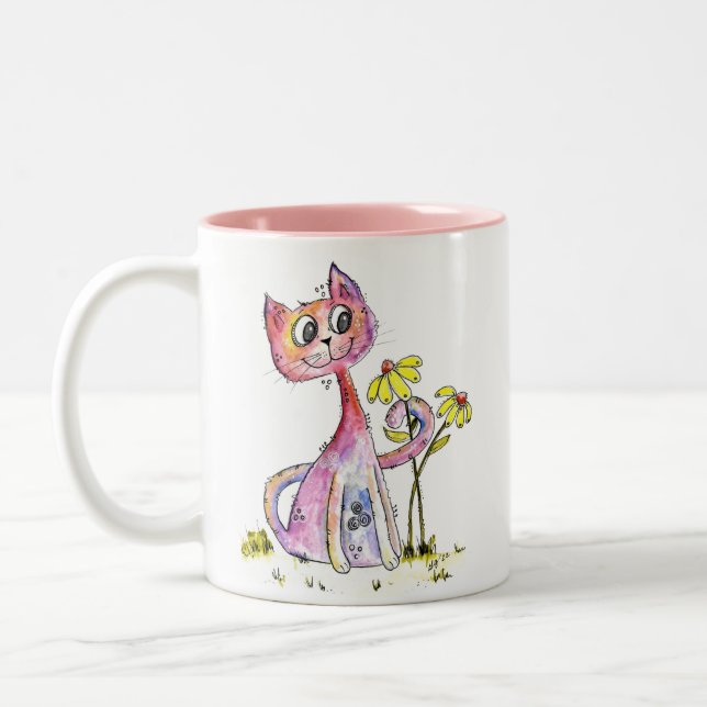 Tasse 2 Couleurs Chat rose blanc mignon avec Fleurs Jaunes (Gauche)