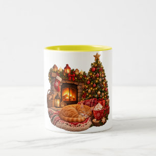 Tasse 2 Couleurs Chat roux endormi près de la cheminée Clipart de N