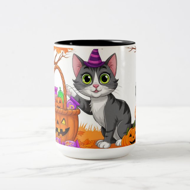 Tasse 2 Couleurs Chat Tigré Avec Citrouille Remplie De Bonbons 🎃 (Centre)