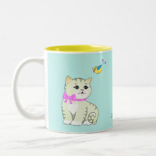 Tasse 2 Couleurs Chat tigré & petit oiseau sur fond bleu clair 