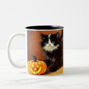 Tasse 2 Couleurs Chaton d'Halloween noir et blanc vintage