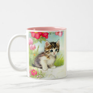 Tasse 2 Couleurs Chaton vintage blanc et Brown avec fleurs