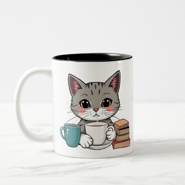 Tasse 2 Couleurs chatte mignonne et bouquins (Gauche)