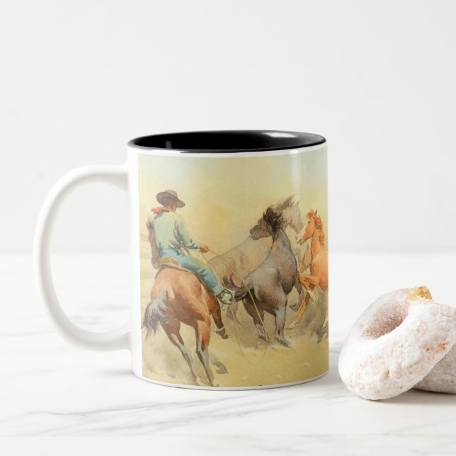 Tasse 2 Couleurs Chevaux de course par Maynard Dixon (Avec donut)