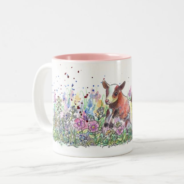 Tasse 2 Couleurs Chèvre de bébé dans le domaine de fleur (Devant gauche)