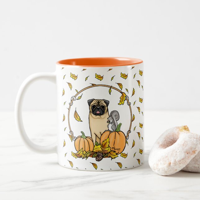 Tasse 2 Couleurs Chien Carlin d'automne (fawn) Citrouille mignon Fe (Avec donut)