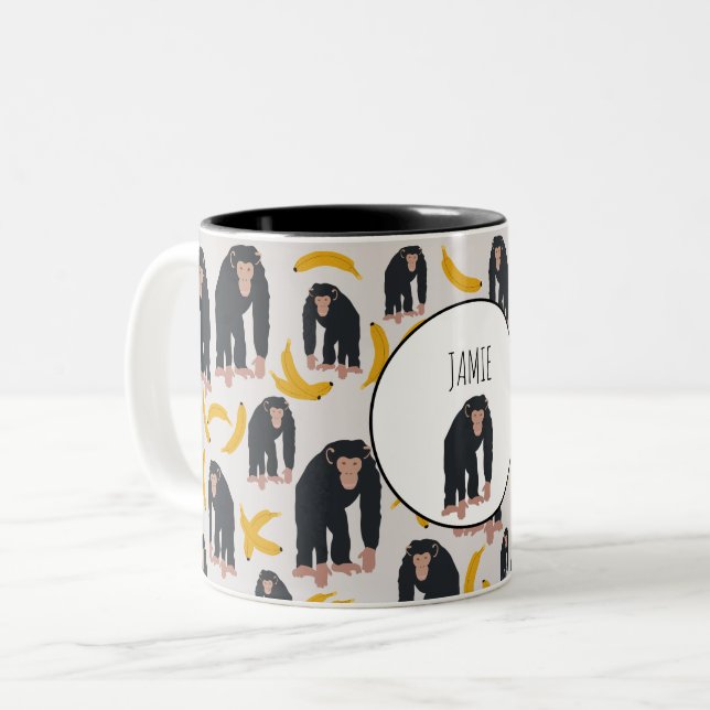 Tasse 2 Couleurs Chimpanzé singe et Motif bananier personnalisé (Devant gauche)