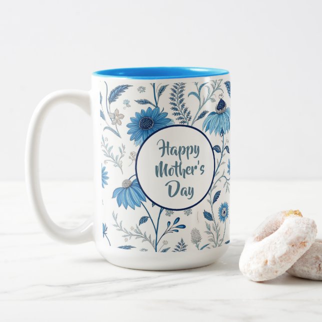 Tasse 2 Couleurs Chinoiserie Blue Echinacea Pattern (Avec donut)